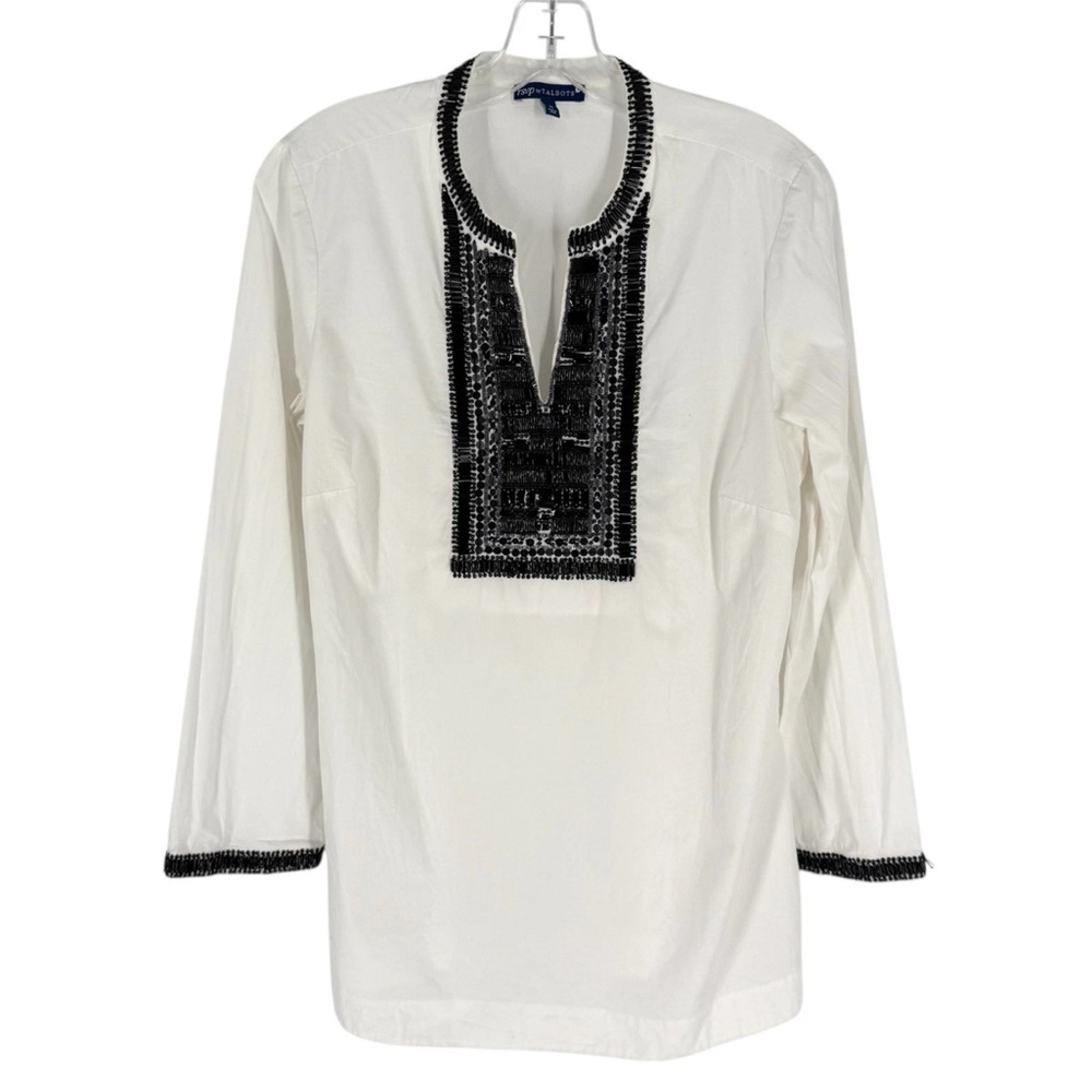 Talbots Blouse Womens Size Medium White Cotton Black Beaded Sequin Placket